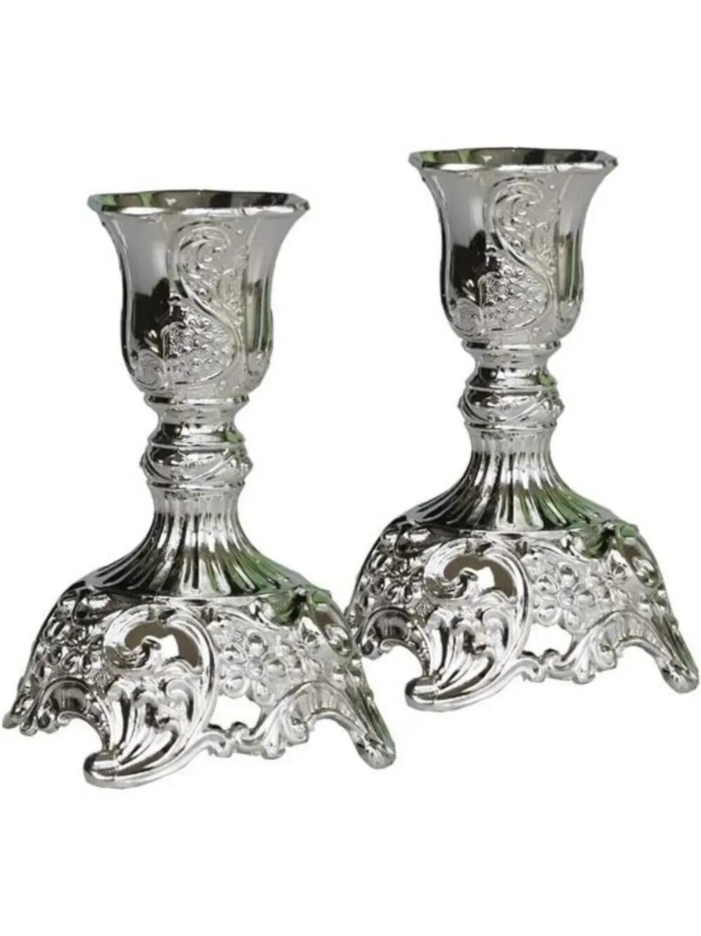 Silver Metal Taper Candle Holders Set of 2 Engraved Decorative Candlestick Decor